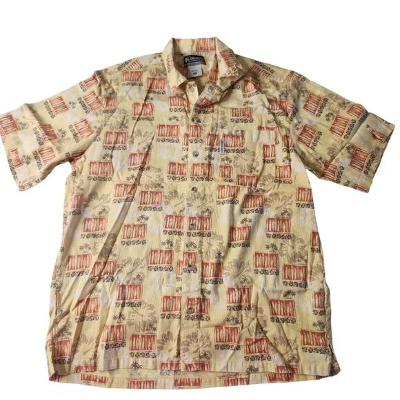 Columbia Mens Hawaiian Shirt Yellow Surf Boards Hibiscus Floral Print Size M - Picture 1 of 6